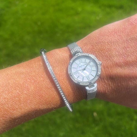 Anne Klein watch and bracelet set Swarovski crystal mother of pearl NWT